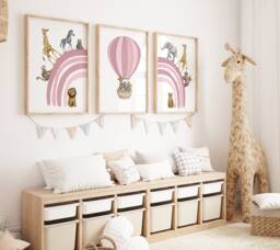 Pink Safari Animal Nursery Prints Rainbow Hot Air Balloon Art, Set Of 3