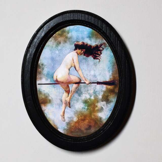 Halloween Black Oval Wooden Framed Picture, Albert Joseph P??not Departure For The Sabbath, Gothic Print, Witchy Wall Hanging - image 1
