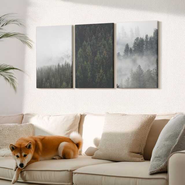 Canvas Set Of 3 Wall Art - Green Forests in A Misty Natural Setting, Large Art, Landscapes Decor - image 1