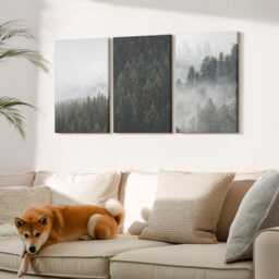 Canvas Set Of 3 Wall Art - Green Forests in A Misty Natural Setting, Large Art, Landscapes Decor - thumbnail 1