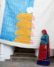 Oversized King Cotton Quilt Reversible Block Printed Kantha Blanket, Modern Bedspread Set - thumbnail 1