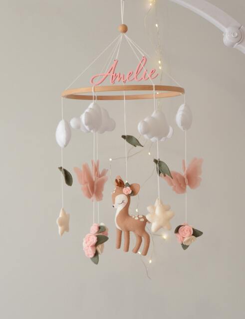 Deer Baby Mobile With Butterflies & Flowers, Personalized Nursery Decor - image 1