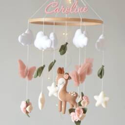 Deer Baby Mobile With Butterflies & Flowers, Personalized Nursery Decor - thumbnail 3