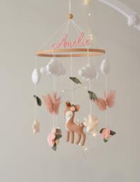 Deer Baby Mobile With Butterflies & Flowers, Personalized Nursery Decor - thumbnail 1
