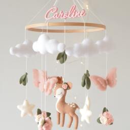 Deer Baby Mobile With Butterflies & Flowers, Personalized Nursery Decor - thumbnail 4