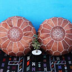 Set Of 2 Moroccan Leather Poufs Handmade Tan Ottoman Footstools - thumbnail 2