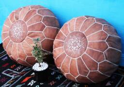 Set Of 2 Moroccan Leather Poufs Handmade Tan Ottoman Footstools - thumbnail 1