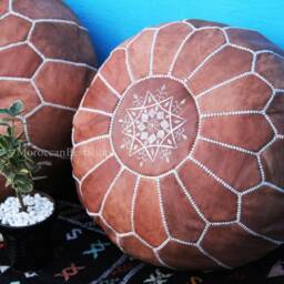 Set Of 2 Moroccan Leather Poufs Handmade Tan Ottoman Footstools - thumbnail 3