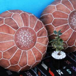 Set Of 2 Moroccan Leather Poufs Handmade Tan Ottoman Footstools - thumbnail 4