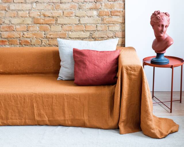 Linen Couch Blanket. Extra Big Cover in Terracotta. Sofa Blanket For Gift. Softened Linen Blanket 47 Colors - image 1