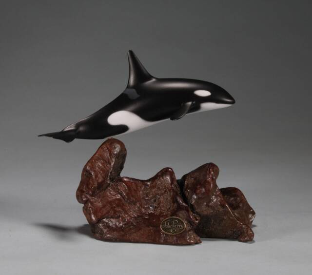 Killer Whale Orca By John Perry 6In Long Sculpture Statue On Burlwood Base. Signed - image 1