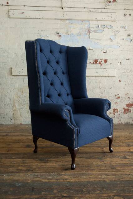 British Handmade Navy Herringbone Wool Chesterfield Highback Wing Chair - image 1