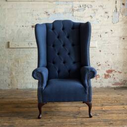 British Handmade Navy Herringbone Wool Chesterfield Highback Wing Chair - thumbnail 2