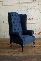British Handmade Navy Herringbone Wool Chesterfield Highback Wing Chair - thumbnail 1