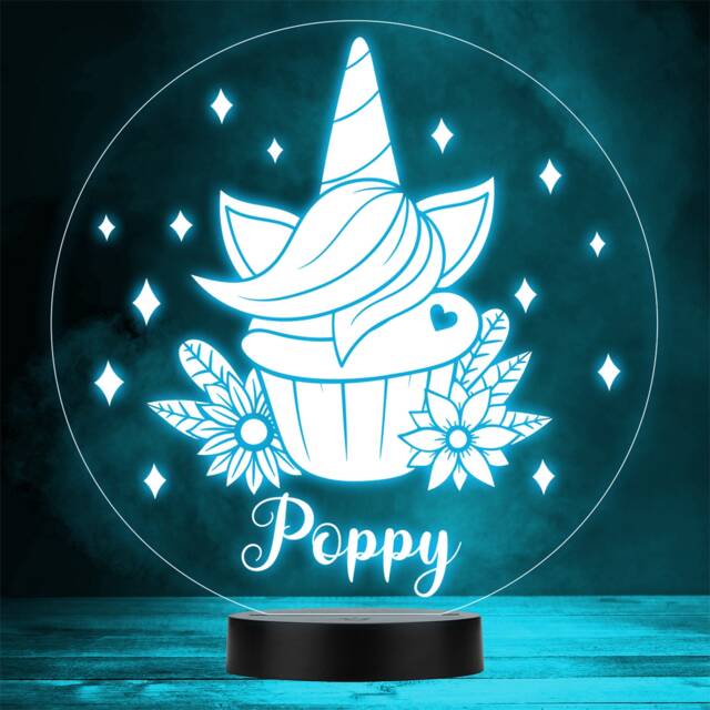 Cute Unicorn Cupcake Floral With Stars Heart Led Personalised Gift Night Light - image 1