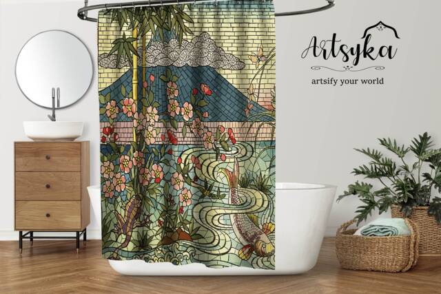 Japan Mt Fuji Koi Fish Shower Curtain Japanese Cherry Blossom Stained Glass Asian Art Bathroom Decoration Housewarming Gift - image 1