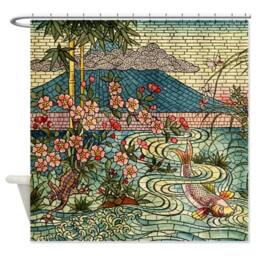 Japan Mt Fuji Koi Fish Shower Curtain Japanese Cherry Blossom Stained Glass Asian Art Bathroom Decoration Housewarming Gift - thumbnail 2