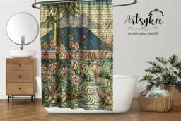 Japan Mt Fuji Koi Fish Shower Curtain Japanese Cherry Blossom Stained Glass Asian Art Bathroom Decoration Housewarming Gift