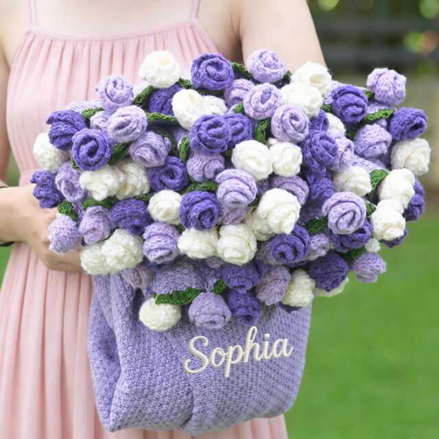 Handmade Crochet Purple Rose Bouquet Blanket, Embroidered Name, Cotton Throw, Gift For Mom/ Grandma - image 1