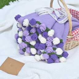 Handmade Crochet Purple Rose Bouquet Blanket, Embroidered Name, Cotton Throw, Gift For Mom/ Grandma - thumbnail 3