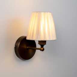 Aged Brass Sconce, Pleated Fabric Shade, Mid-Century Modern Wall Lamp