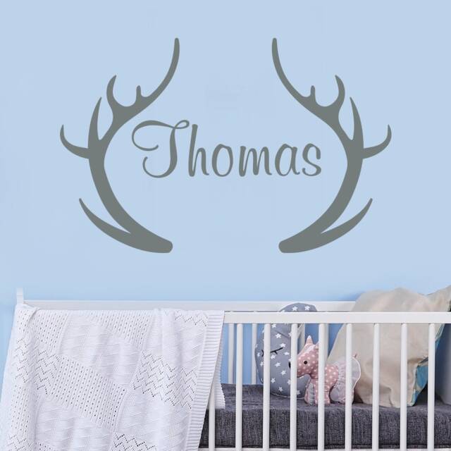 Personalized Deer Antlers Name Decal, Boys Rustic Boy Boho Nursery Decor, Antler Wall Hunting Themed Woodland Dm141 - image 1