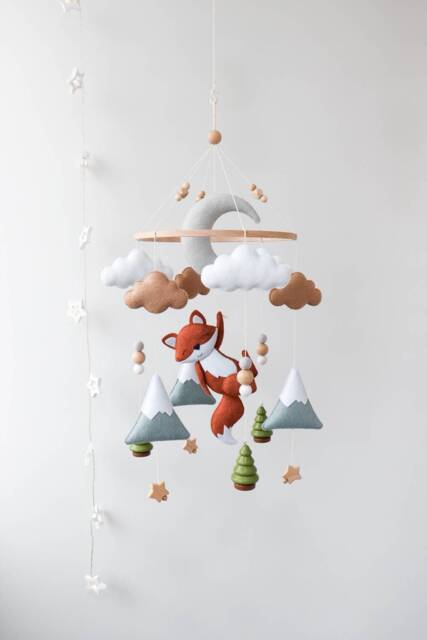 Fox Baby Mobile, Woodland Nursery Decor, Moon, Clouds & Stars Forest Animals Mobile - image 1