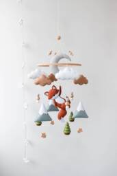 Fox Baby Mobile, Woodland Nursery Decor, Moon, Clouds & Stars Forest Animals Mobile - thumbnail 1
