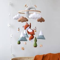 Fox Baby Mobile, Woodland Nursery Decor, Moon, Clouds & Stars Forest Animals Mobile - thumbnail 2