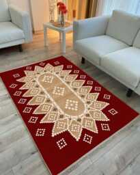 Traditional Medallion Chenille Rug Beige & Red Washable Carpet