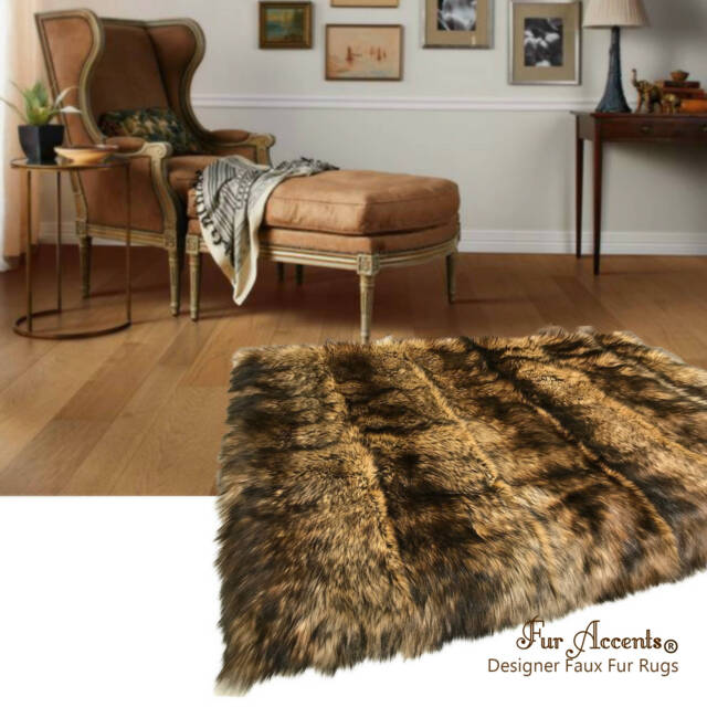 Golden Brown Wolf Faux Fur Rug - Plush Pieced Design, Usa Made - image 1