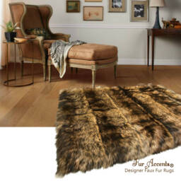 Golden Brown Wolf Faux Fur Rug - Plush Pieced Design, Usa Made - thumbnail 1