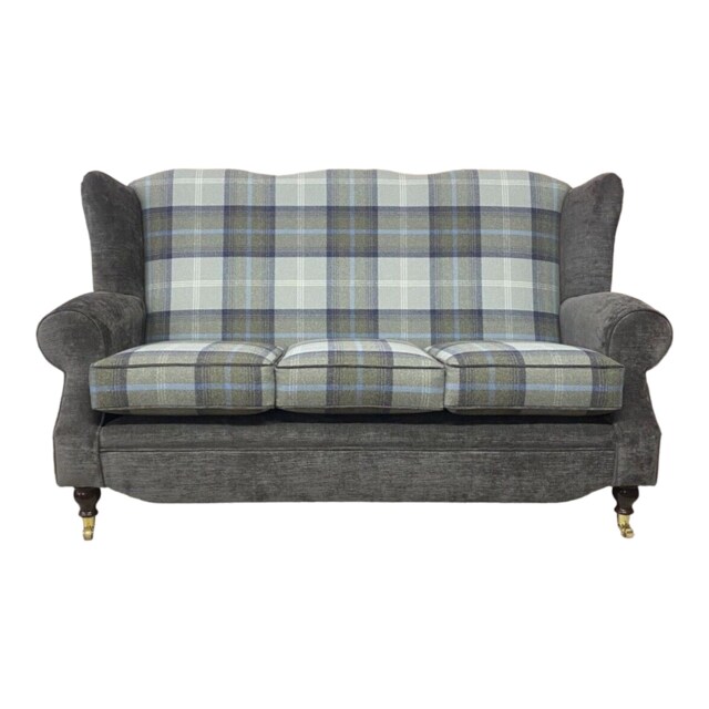 Wing Back Queen Anne Sofa Balmoral Plaid, Oxford Blue & Grey - image 1