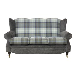 Wing Back Queen Anne Sofa Balmoral Plaid, Oxford Blue & Grey