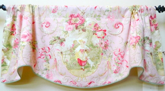 Richloom Fragonard Pale Pink - Window Valance Corded Lined Rod Pocket Scalloped Romantic French Country Cotton Toile Very Rare - image 1