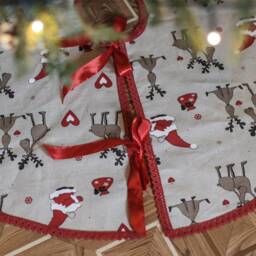 Christmas Tree Skirt, Large Linen Swedish Rustic Xmas Skirts, Rudolph Santa Skirt Decor - thumbnail 2