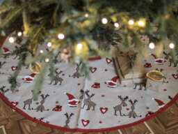 Christmas Tree Skirt, Large Linen Swedish Rustic Xmas Skirts, Rudolph Santa Skirt Decor