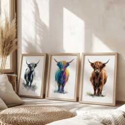 Shapes Of Silence - Highland Cow Wall Art Set 3 Prints - Modern Farmhouse Cattle Decor Rustic Animal Unframed Artwork - thumbnail 1