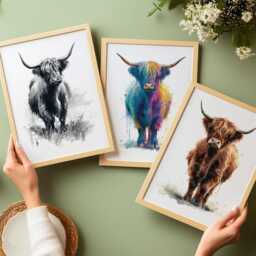 Shapes Of Silence - Highland Cow Wall Art Set 3 Prints - Modern Farmhouse Cattle Decor Rustic Animal Unframed Artwork - thumbnail 2