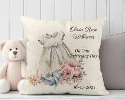 Personalised Christening Cushion Cover Linen Keepsake Baptism Gift - thumbnail 1