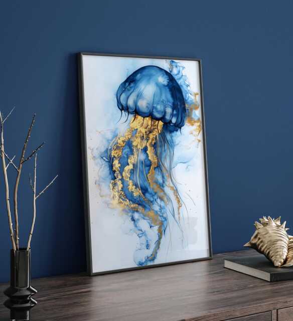 Blue & Gold Jellyfish Art - Abstract Marine Life Wall Decor Stylish Coastal Home Accent - image 1