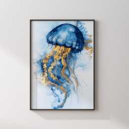 Blue & Gold Jellyfish Art - Abstract Marine Life Wall Decor Stylish Coastal Home Accent - thumbnail 3
