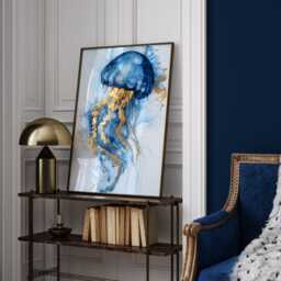 Blue & Gold Jellyfish Art - Abstract Marine Life Wall Decor Stylish Coastal Home Accent - thumbnail 2