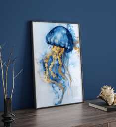 Blue & Gold Jellyfish Art - Abstract Marine Life Wall Decor Stylish Coastal Home Accent - thumbnail 1