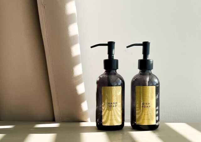 Smoked Glass Soap Dispenser With Custom Gold Label - Black Or Brass Pump - image 1