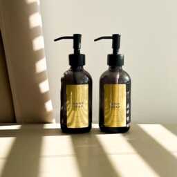 Smoked Glass Soap Dispenser With Custom Gold Label - Black Or Brass Pump - thumbnail 3