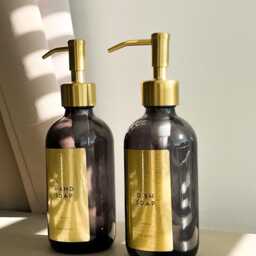 Smoked Glass Soap Dispenser With Custom Gold Label - Black Or Brass Pump - thumbnail 4