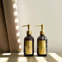 Smoked Glass Soap Dispenser With Custom Gold Label - Black Or Brass Pump - thumbnail 2