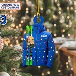 Custom Name Skiing Coat, Hat & Ski Poles Personalized Ornament, Christmas Tree Hanging Decor, Flat 2D Ornament - thumbnail 3