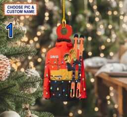 Custom Name Skiing Coat, Hat & Ski Poles Personalized Ornament, Christmas Tree Hanging Decor, Flat 2D Ornament - thumbnail 1